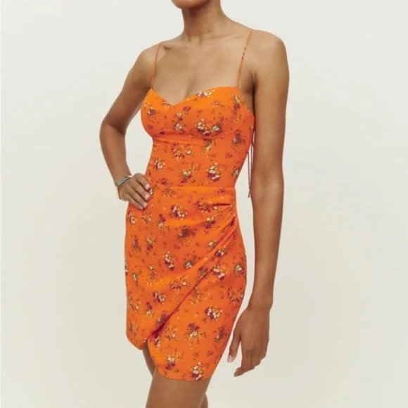 NWT Reformation Saoirse Dress Orange Floral Sweetheart Wrap Mini Dress Size 0 - Picture 1 of 11